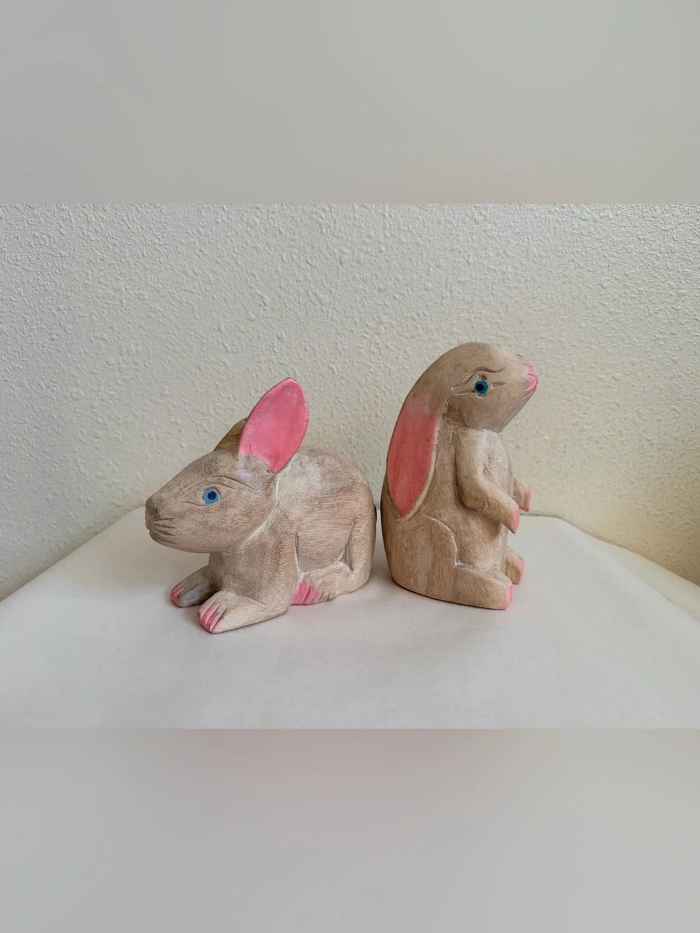 Vintage Thai Wooden Rabbit Hare Figurines Pair Hand Carved Painted 1980s 1990s